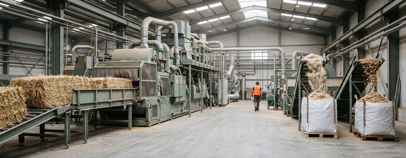 Hemp straw bales entering a decortication line in a processing hall